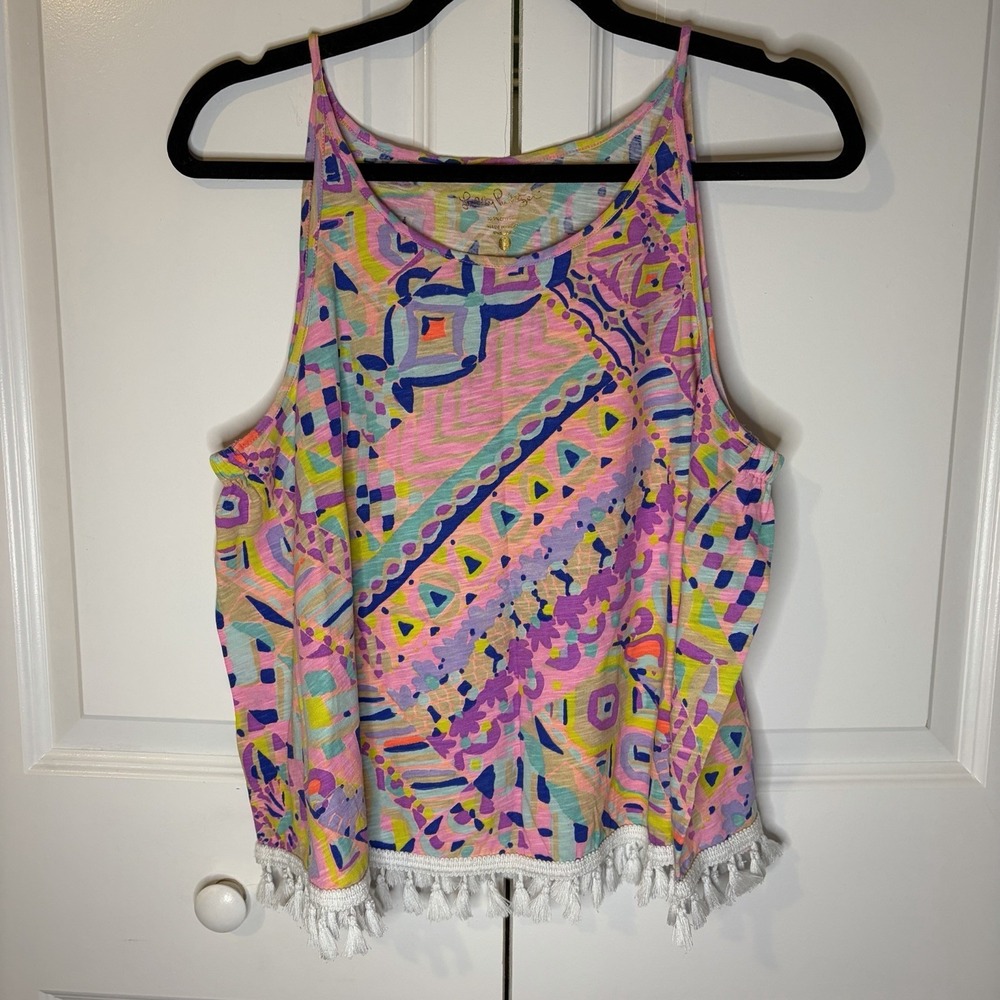 Lilly Pulitzer Auden Tank Top Plantain Party Geometric Tassel Hem Women's Sz L